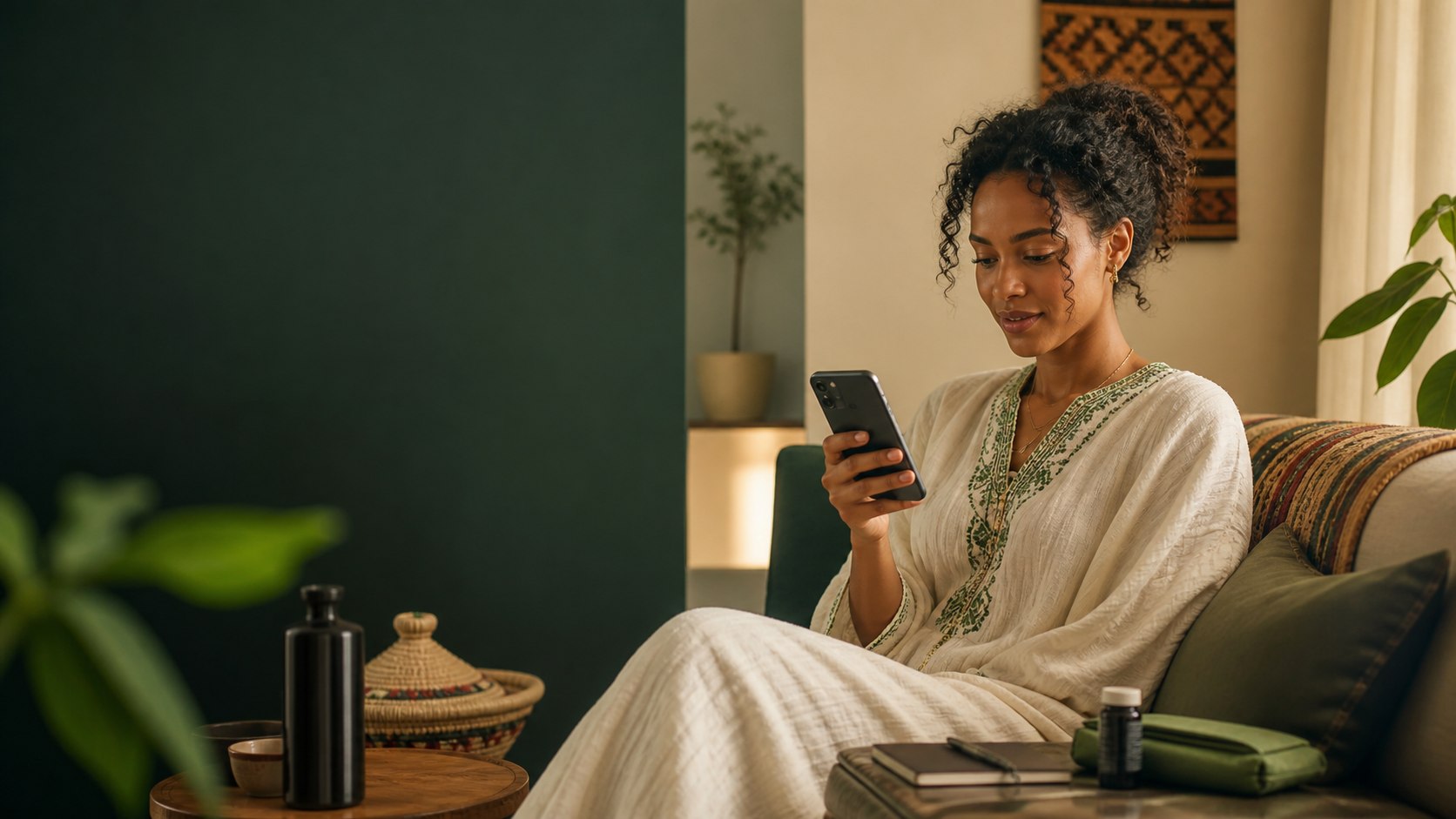 Ethiopian woman using YeneHealth marketplace on a phone